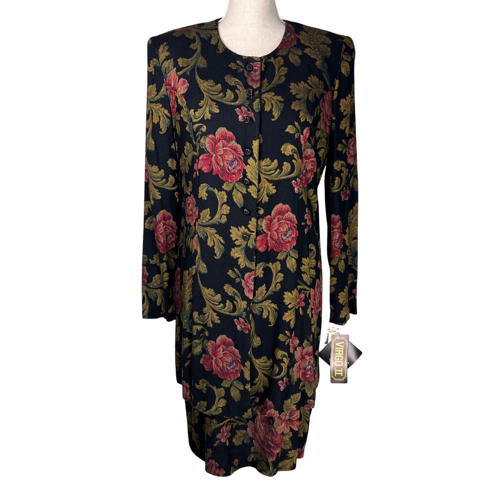 Vintage Virgo II‎ Floral Jacquard Dress Black Gold Red Roses Puff Shoulder Sz 12